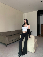 Actual shot American spicy girl solid color cardigan + polka dot cherry lace camisole + track pants bell-bottom casual pants