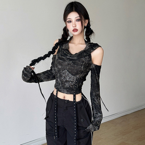 Official photo Wasteland style hand-made frayed hooded off-shoulder long-sleeved T-shirt for women slimming high-waisted personalized short top