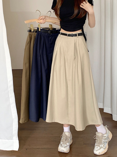 Actual shot ~ New Korean style design semi-elastic waist skirt A-line skirt with belt