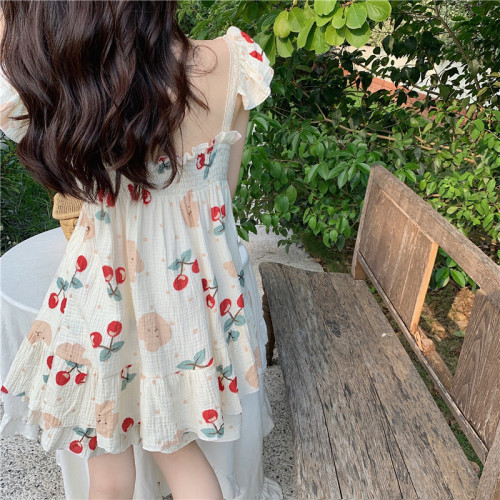 Real shot of Korean style soft cotton double yarn skin-friendly cute cherry lace summer suspender home wear suit with chest pad