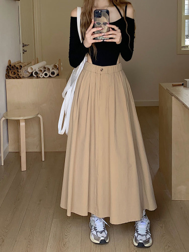 Actual shot ~ 2024 new Korean style design elastic waist long A-line skirt versatile slimming skirt