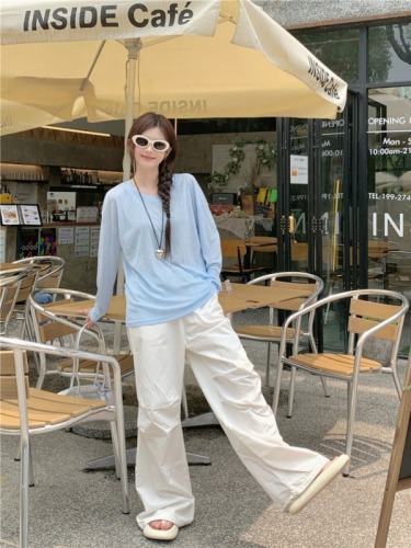 Real shot Summer casual versatile loose slightly see-through long-sleeved sun protection T-shirt