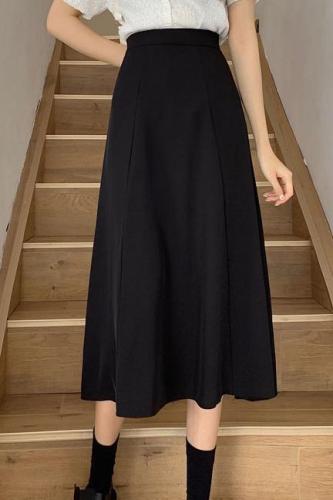 Actual shot ~ 2024 new Korean style high-waisted slimming mid-length a-line skirt solid color over the knee versatile skirt for women