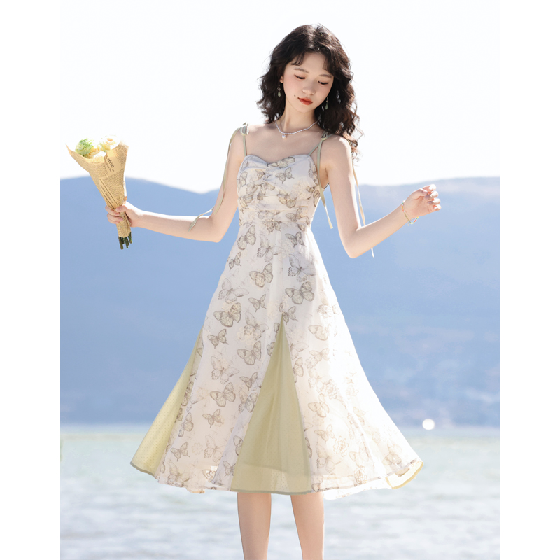 Not less than 119, 2024 French romantic floral print spaghetti strap dress, temperament fairy dress