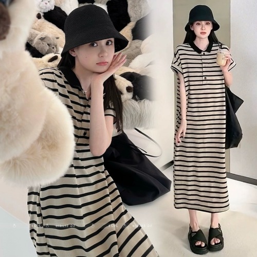 Polo collar striped dress women's 2024 summer Korean version loose and lazy style covers the flesh and looks slimming and drapey thin knitted long skirt