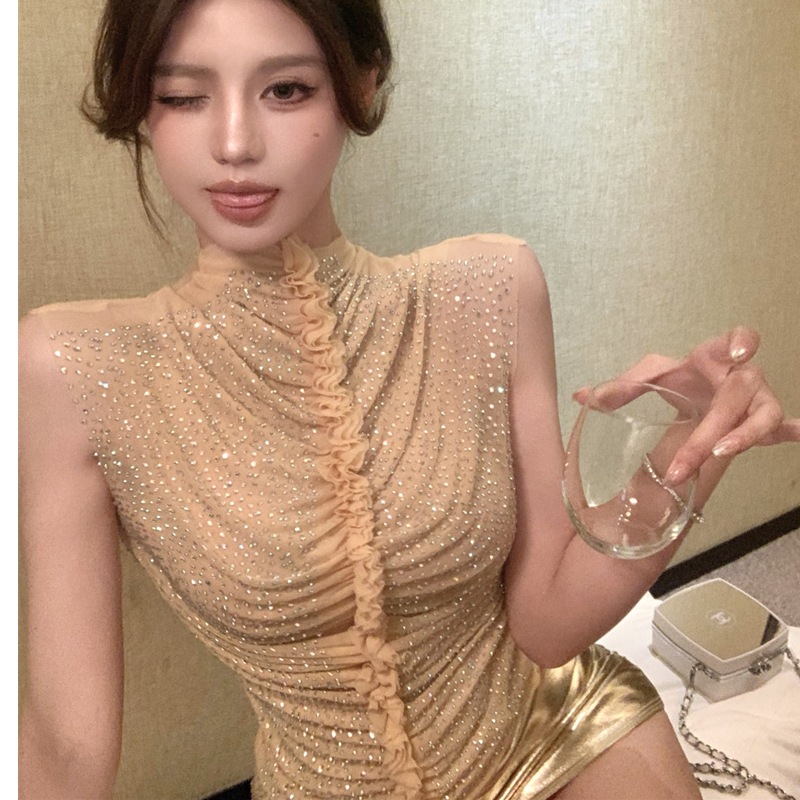 半高領閃鑽無袖背心女外穿春夏純欲辣妹上衣