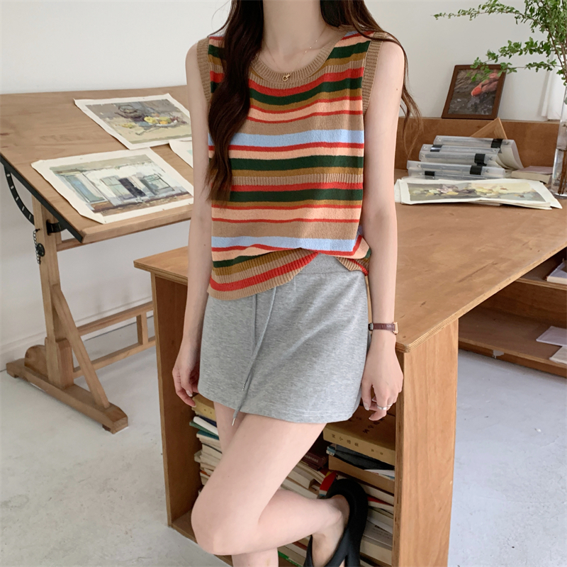 實拍 新款夏季復古彩色無袖條紋圓領套頭設計感背心馬甲女