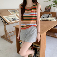 Photographed New Summer Retro Color Striped Sleeveless Crew Neck Design Backless Vest for Women