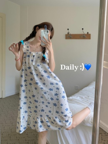 Real shot of casual lazy dress summer women's cute printed loose home nightgown short skirt with chest pad