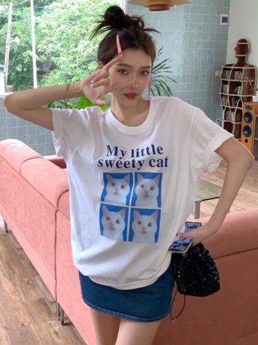 Actual shot of summer Korean style loose and cute cat print short-sleeved cotton round neck T-shirt versatile top for women