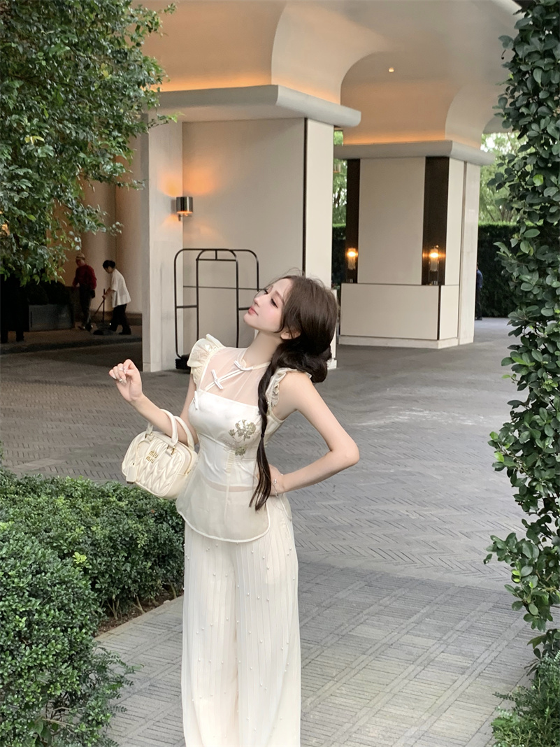 Photographed Clear Moonlight New Chinese Style National Wind Girl Petite Georgette Short Sleeve Open Hem Top