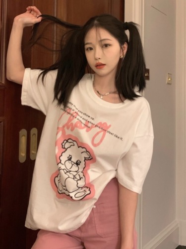 Actual shot of summer Korean style pure lust bear letter print versatile loose short-sleeved T-shirt tops for women