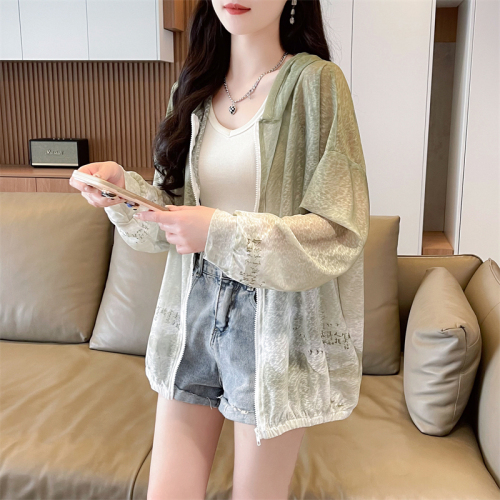 First real shot of 100 polyester ice silk sun protection clothing summer nano silk loose breathable thin cardigan hooded jacket for women