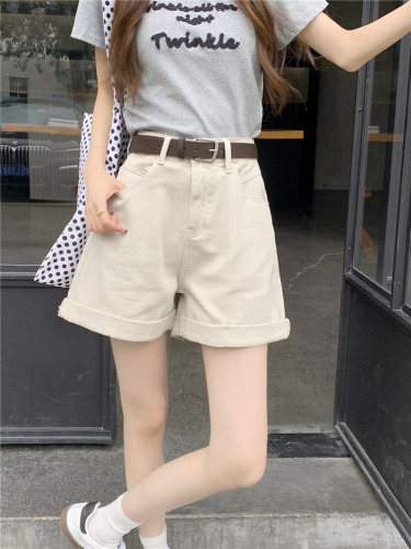 Actual shot~New high-waisted slimming and versatile A-line curled casual denim shorts for women