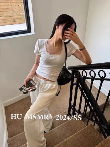 HU MSMR2024夏新韩版纯欲修身短款蕾丝边方领短袖t恤女蝴蝶结上衣
