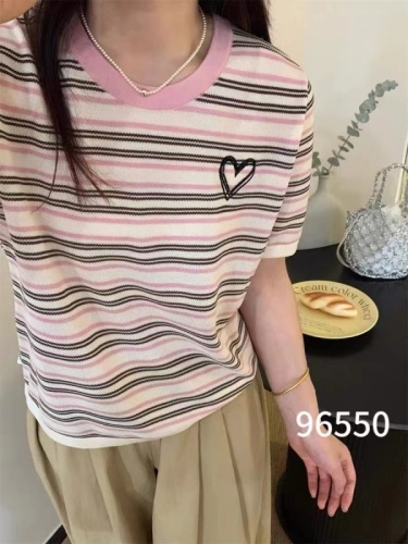 Sweet and cute contrasting color love striped lapel short-sleeved women's summer new slim and versatile age-reducing pullover top trendy