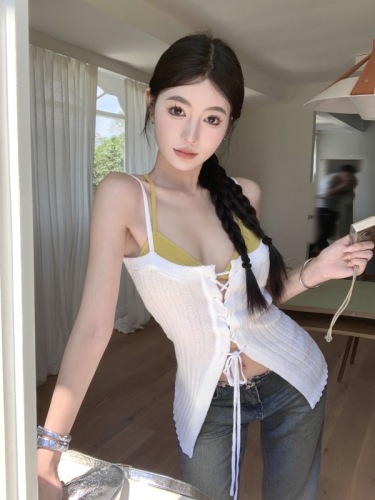 French style knitted camisole lace-up vest vertical drawstring knitted camisole women's short sleeveless top