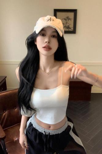 Real shot Summer new solid color slim fit versatile short camisole top for women with chest pad