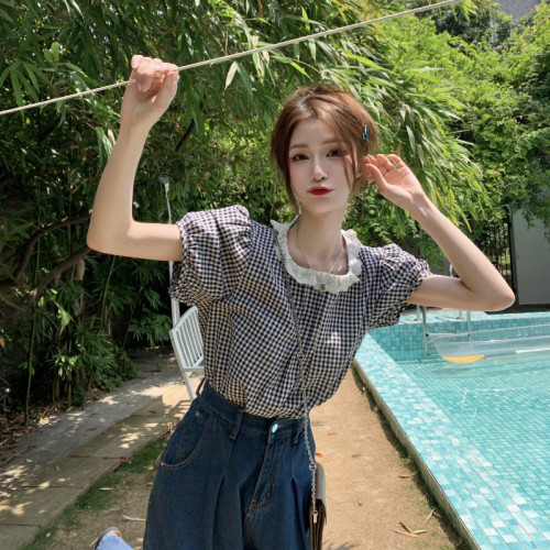 实拍 韩国夏季新款女甜美蕾丝边娃娃拼接格子衬衫短袖