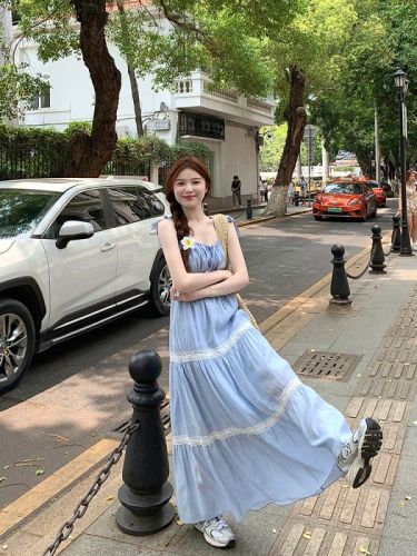 实拍  浪漫假日法式蓝色蛋糕裙气质时尚修身连衣裙