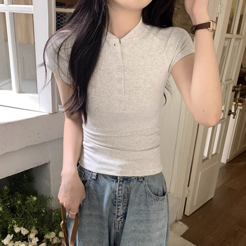 40 count cotton rib 92 cotton 8 spandex casual slim short-sleeved T-shirt women's summer button top