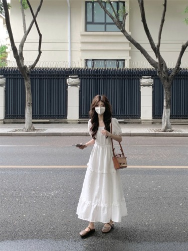 实拍#纯白色收腰方领显瘦夏季度假连衣裙茶歇长裙