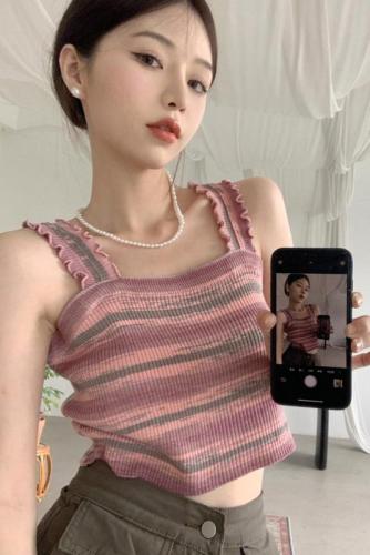 Real shot striped fungus knitted camisole for women summer sweet hottie short pure lust top for women