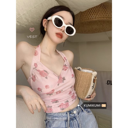 Hot girl sexy seaside mesh halter neck with small camisole for women summer short outer wear bottoming top with beautiful back