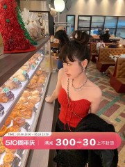 DULA好好家 辣妹紅色針織抹胸女早春2024年新款外穿性感短款上衣