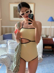 TAKU|韓國少女ins帶胸墊連體泳衣泡溫泉顯瘦遮肉可愛度假黃色保守