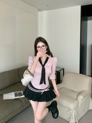 Real shot!  Hot school girl's basic versatile college style slim shirt pleated skirt suit two-piece set