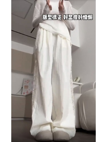 设计感蕾丝拼接镂空阔腿裤女夏季2024新款宽松显瘦垂感直筒长裤子