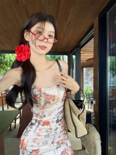Real shot ~ Funnj square breasts royal little wild horse floral dress female retro navel exposed camisole