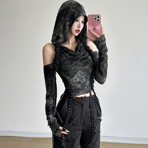 Official photo Wasteland style hand-made frayed hooded off-shoulder long-sleeved T-shirt for women slimming high-waisted personalized short top