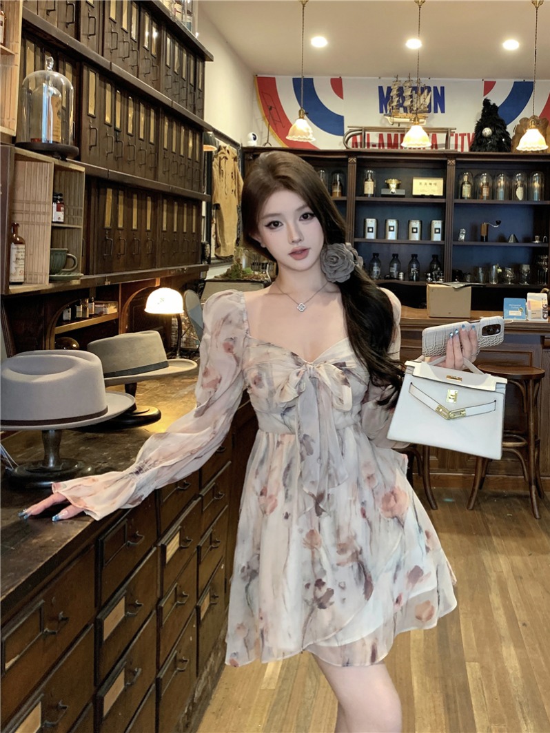 實拍~法式碎花長袖連衣裙高級感夏新款小個子粉色長裙抹胸裙