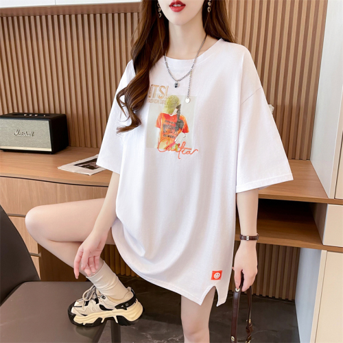 First real shot quality/pure cotton/back collar/mid-length loose heavy industry slit embroidered T-shirt