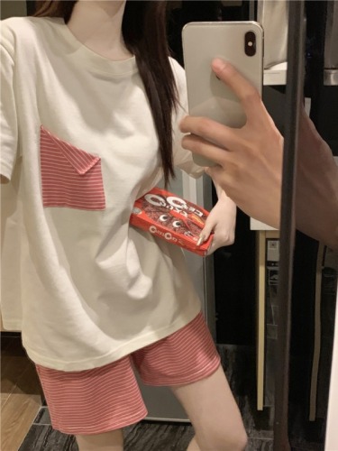 Actual shot of Korean style loose and comfortable cotton summer contrast color casual and comfortable home walking short-sleeved home clothes set