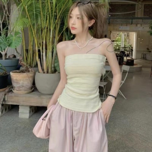 Pure lust style pleated sleeveless tube top for women new summer hot girl slim fit inner and outer wear chest top