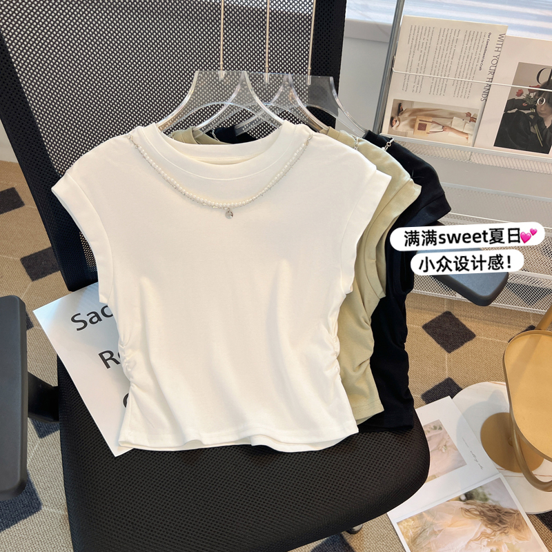 正肩無袖t恤女夏季項鍊高級感修身飛飛袖外穿背心甜辣風短款上衣