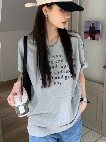 Actual shot of summer Korean style pure cotton right shoulder English printed loose and versatile round neck short-sleeved T-shirt top for women