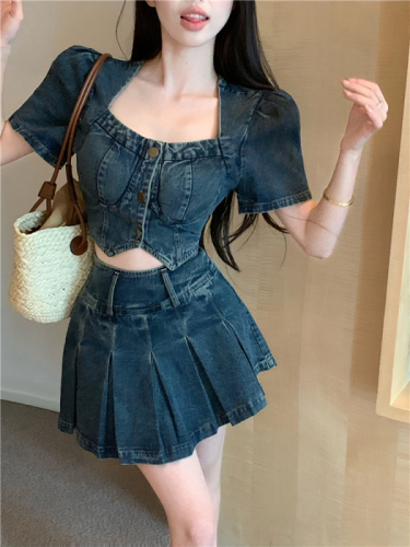 Real shot!  Fashionable seasonal short-sleeved irregular shirt top high-waisted skirt denim two-piece set