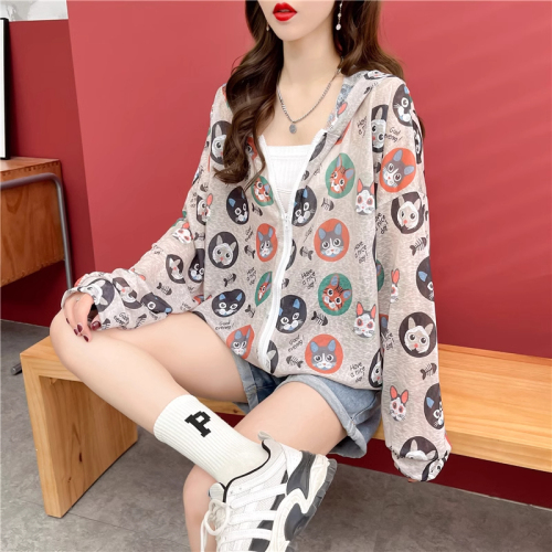 Actual Korean version of sun protection clothing for women with ins design, hooded printing, large size women's clothing, fat, fashionable, loose and thin jacket