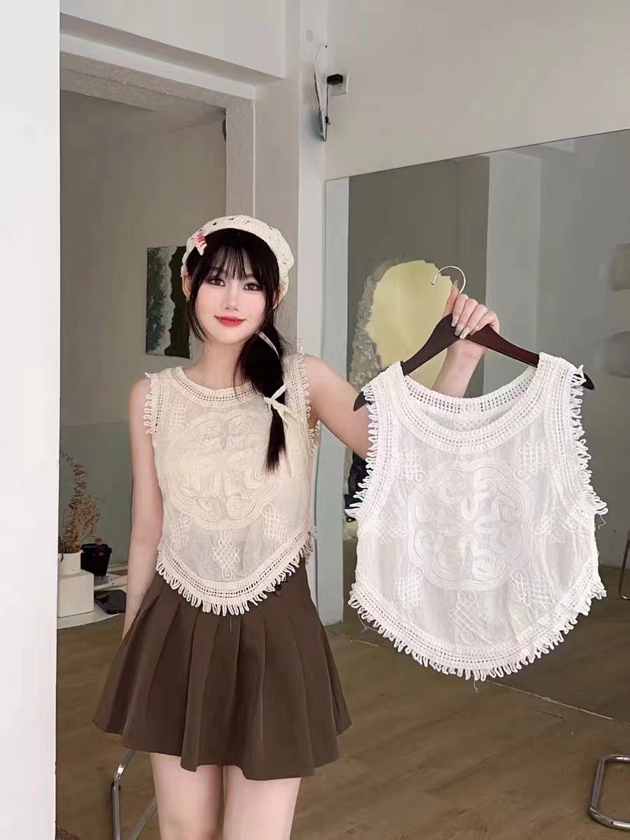 韓風設計感鈎花刺繡拼接流蘇背心2024夏季新款純色短款修身上衣女