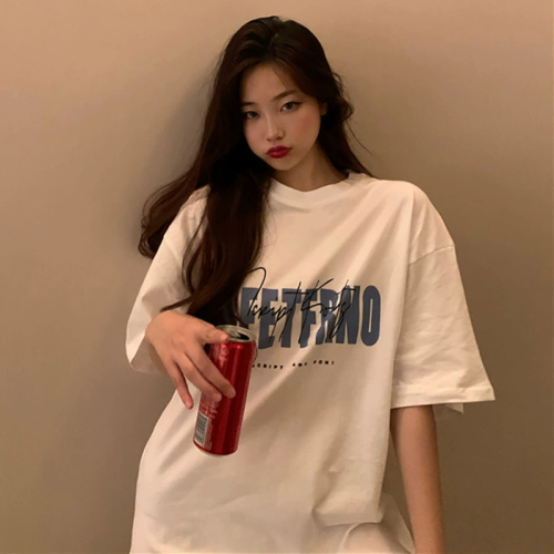 Fashionable super hot white T-shirt for women summer new Korean style Hong Kong style retro printed student mid-length tops and bottoming shirts