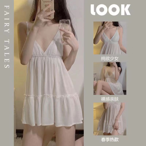 Suspender nightgown for women 2024 summer thin double shoulder strap loose short skirt sweet princess style sexy beautiful back pajamas