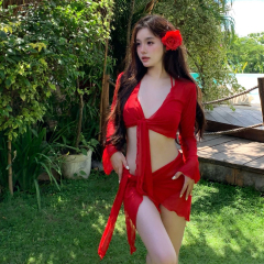 mosricci純欲大紅色顯白性感比基尼四件套分體泳衣女長袖遮肉度假