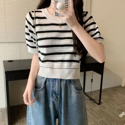 Summer thin hollow ice silk knitted top with stripes, straight shoulder short sleeve t-shirt for women, high-waisted short top