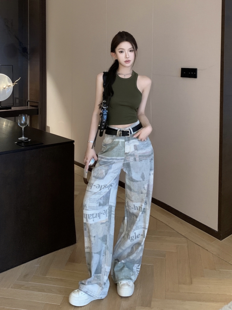 實拍～短款修身工字背心+復古美式辣妹報紙印花闊腿拖地牛仔褲女