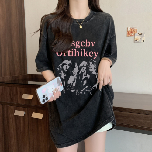 Real shot of pure cotton washed and distressed American retro casual loose top trendy mid-length large size short-sleeved T-shirt