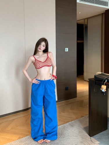 Real shot!  Hot American Style Layered Suspender Tube Top Casual Loose Wide Leg Pants Suit Women's Fashion